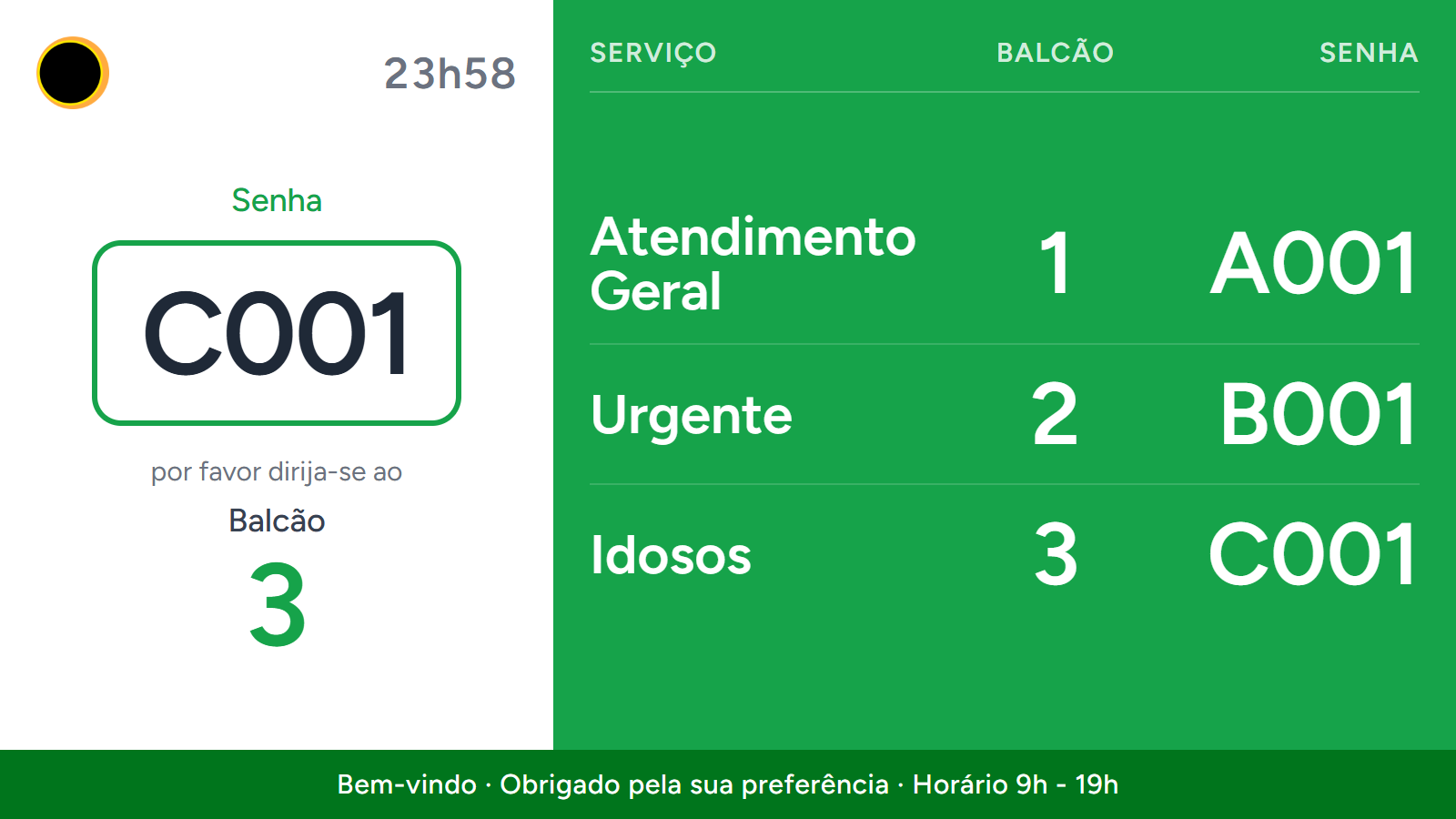 Ecrã público Orbit Queue a chamar senhas